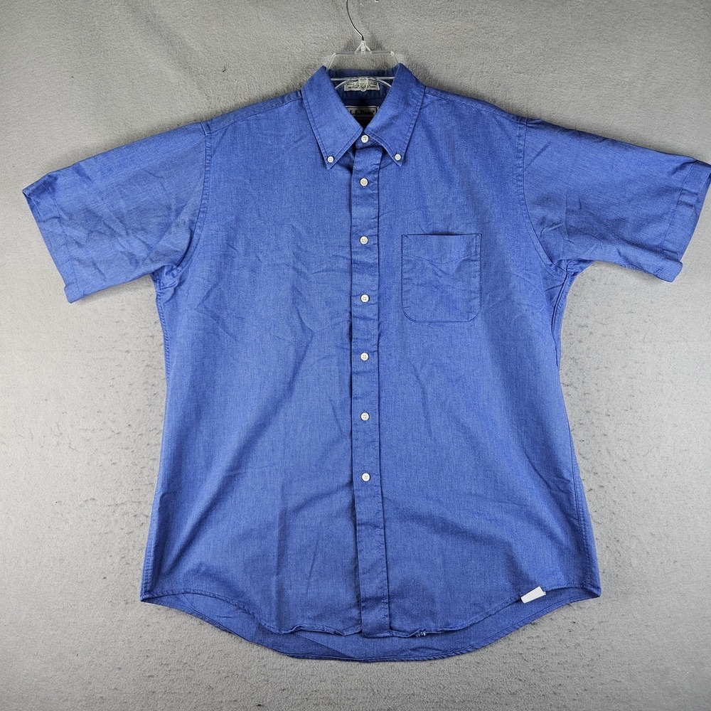Vintage LL Bean Shirt Mens 17 XL Blue Cotton Blend Short Sleeve Button Down